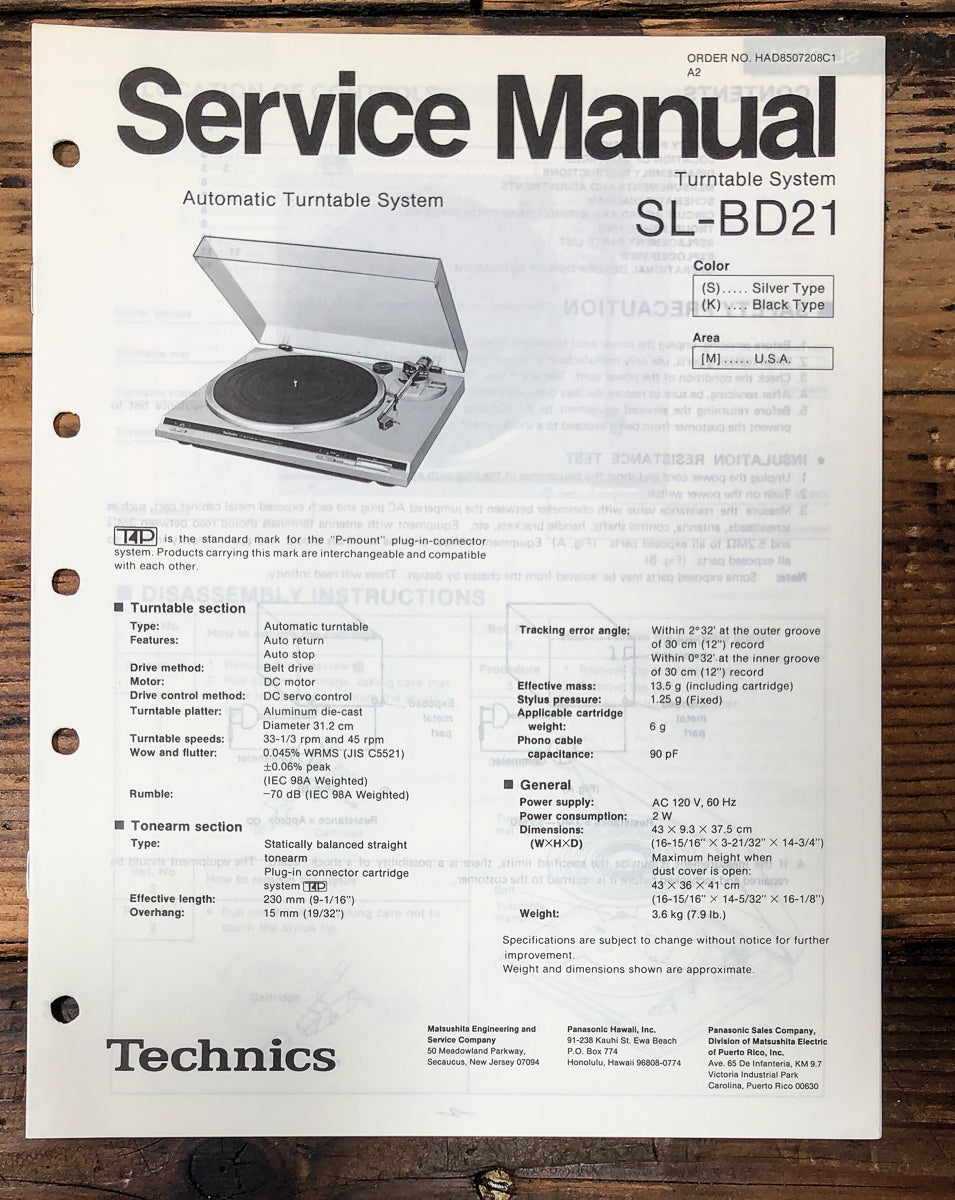 Technics SL-BD21 Record Player / Turntable Service Manual *Original*
