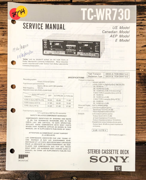 Sony TC-WR730 Cassette  Service Manual *Original*