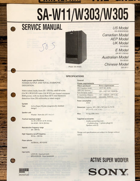 Sony SA-W11 SA-W303 SA-W305 Super Woofer  Service Manual *Original*