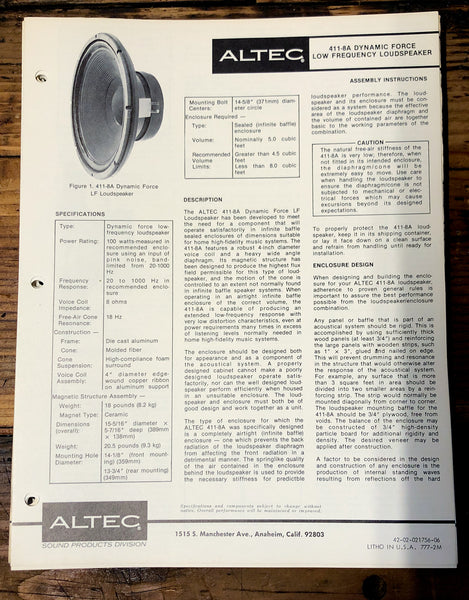 Altec Model 411-8A Speaker  Owners Manual & Schematic *Orig*