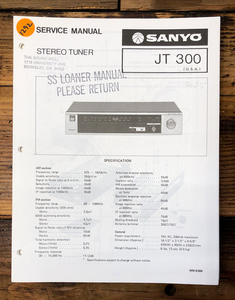 Sanyo JT300 JT-300 Tuner  Service Manual *Original*