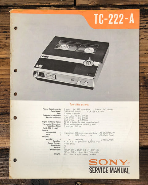 Sony TC-222A TC-222-A Cassette Service Manual *Original*