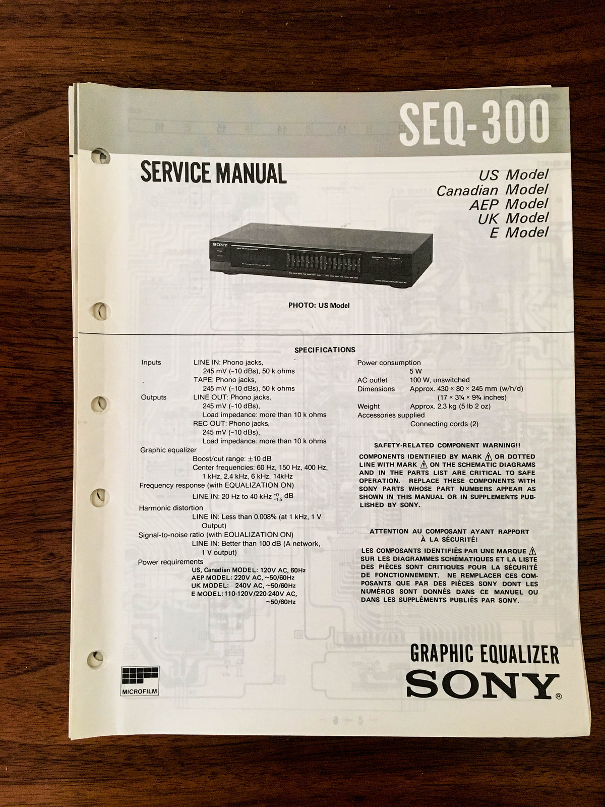Sony SEQ-300 Equalizer Service Manual *Original*