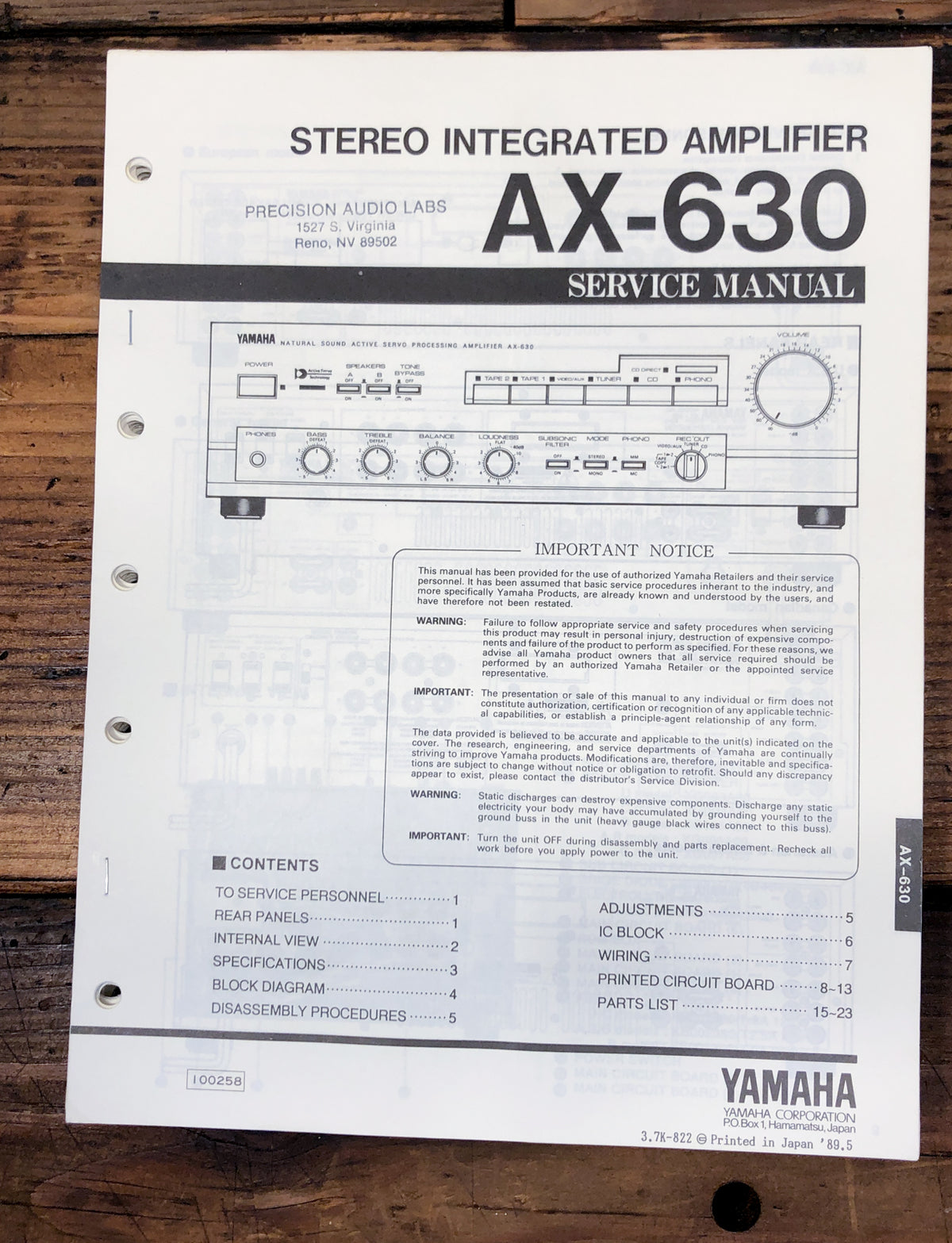 Yamaha AX-630 Amplifier  Service Manual *Original*
