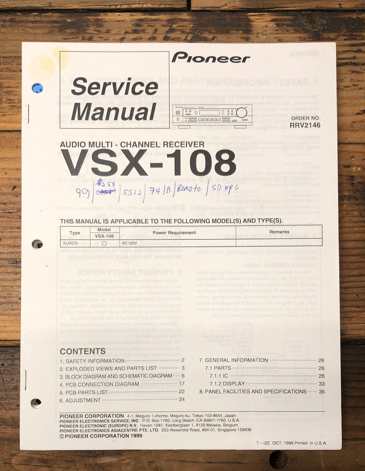 Pioneer VSX-108 Receiver Service Manual *Original*