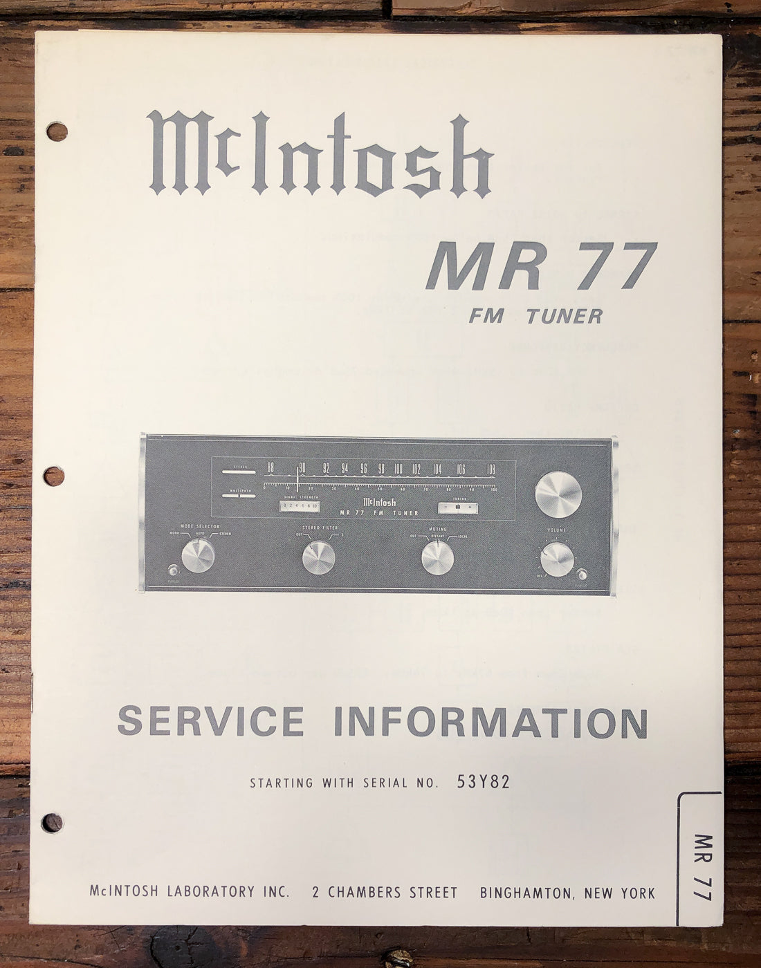 McIntosh MR-77 MR77 Tuner Starts 53Y82 Service Manual *Original*