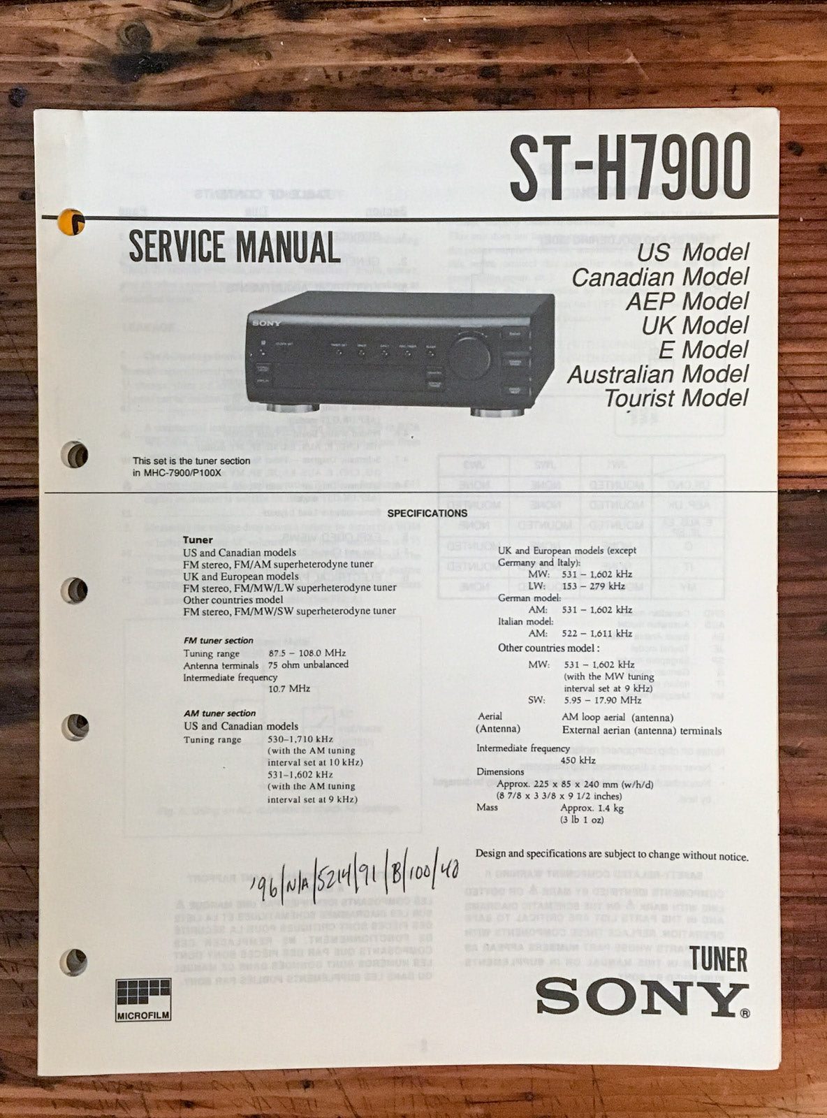 Sony ST-H7900 Tuner  Service Manual *Original*