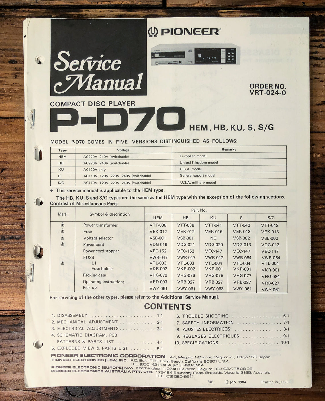 Pioneer P-D70 CD Player Service Manual *Original*