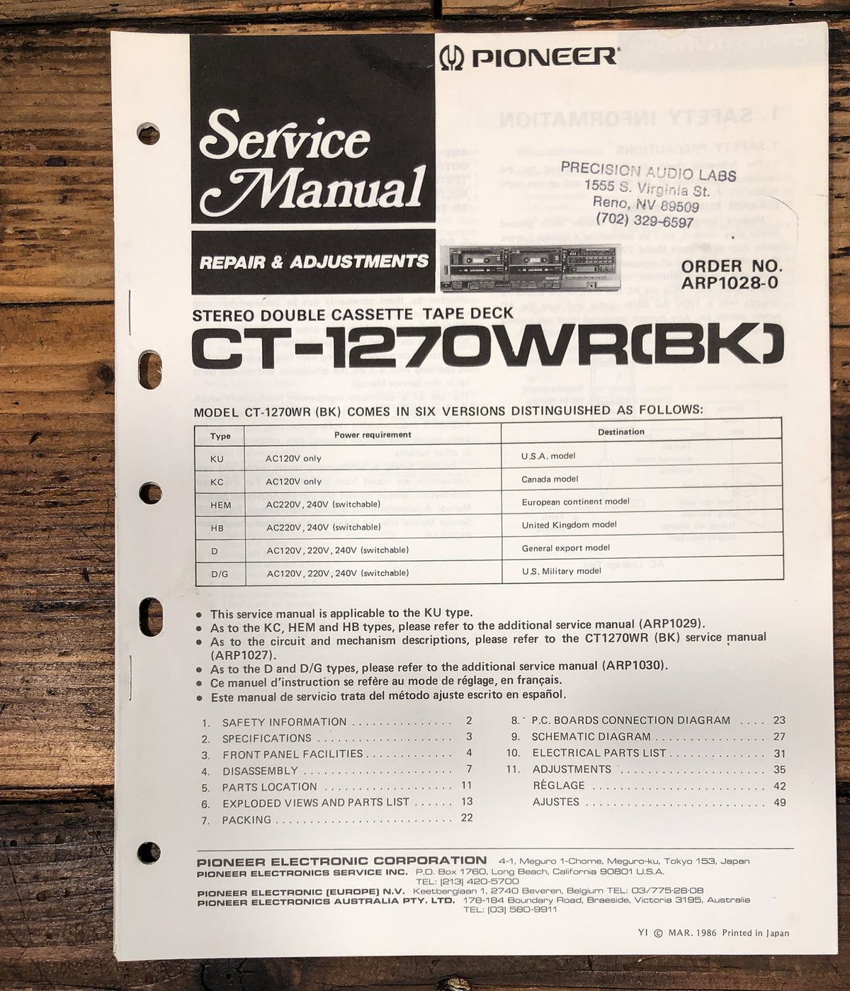 Pioneer CT-1270WR Cassette Service Manual *Original* #1