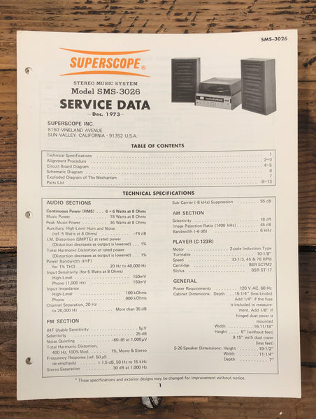 Superscope SMS-3026 Stereo  Service Manual *Original*
