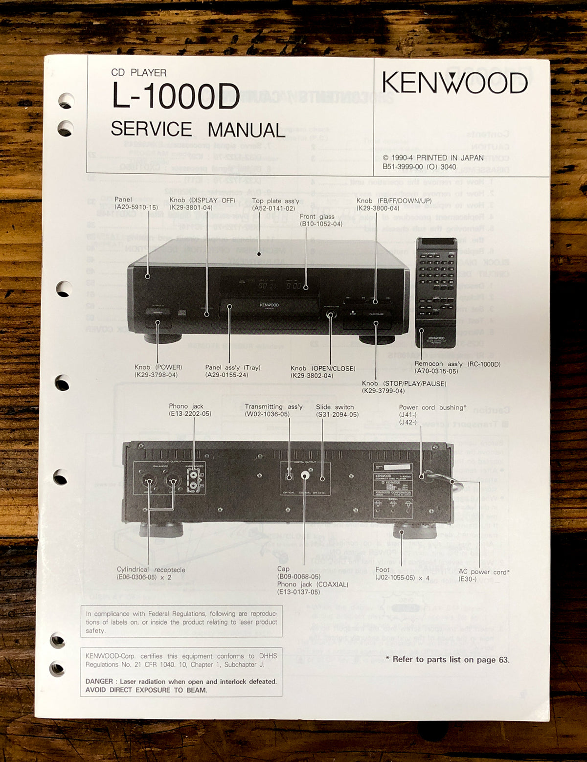 Kenwood L-1000D CD Player  Service Manual *Original*