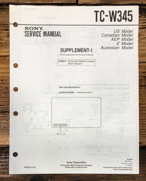 Sony TC-W345 Cassette Supp.Service Manual *Original*