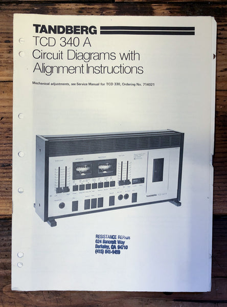 Tandberg TCD-340A Cassette Circuit Diagrams & Alignment Manual *Original*