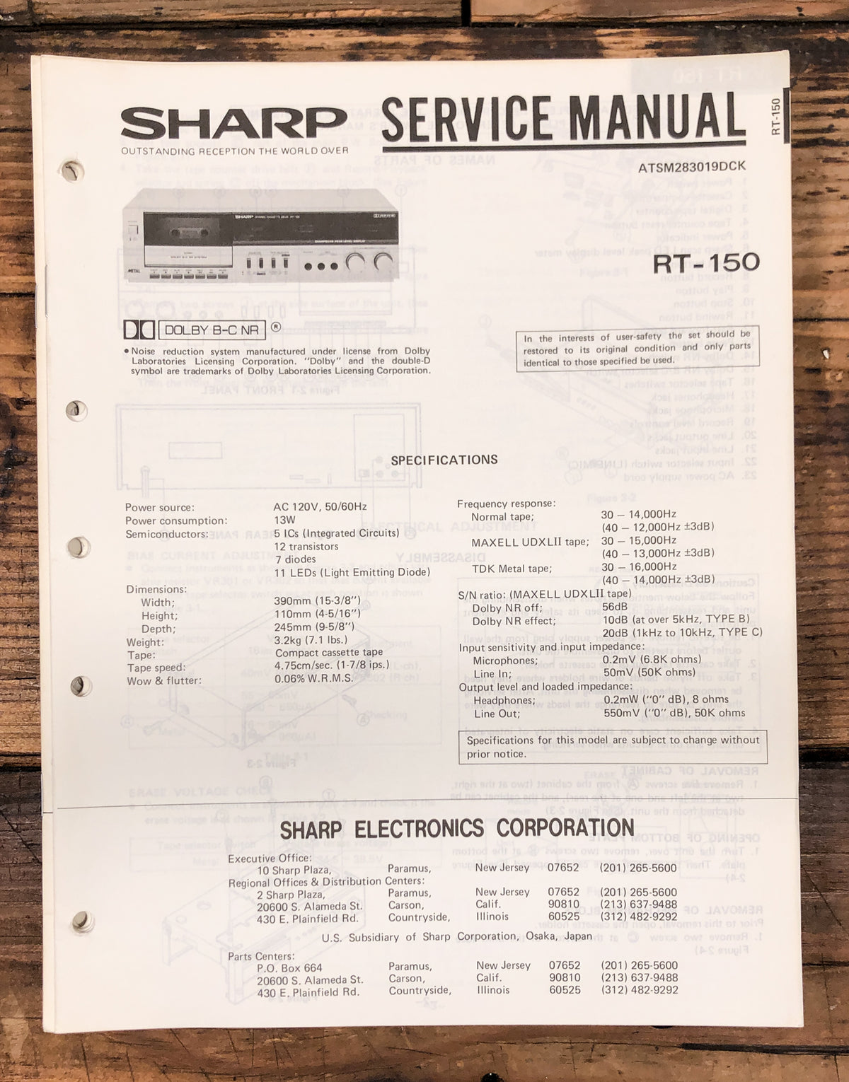 Sharp RT-150 Cassette  Service Manual *Original*