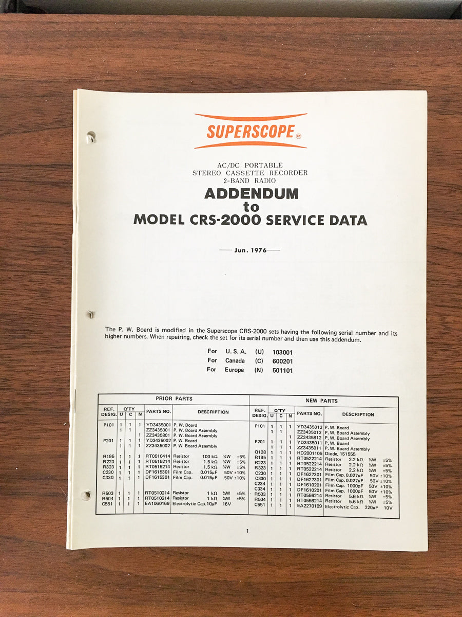 Superscope CRS-2000 Radio / Cassette Service Manual Addendum *Original*