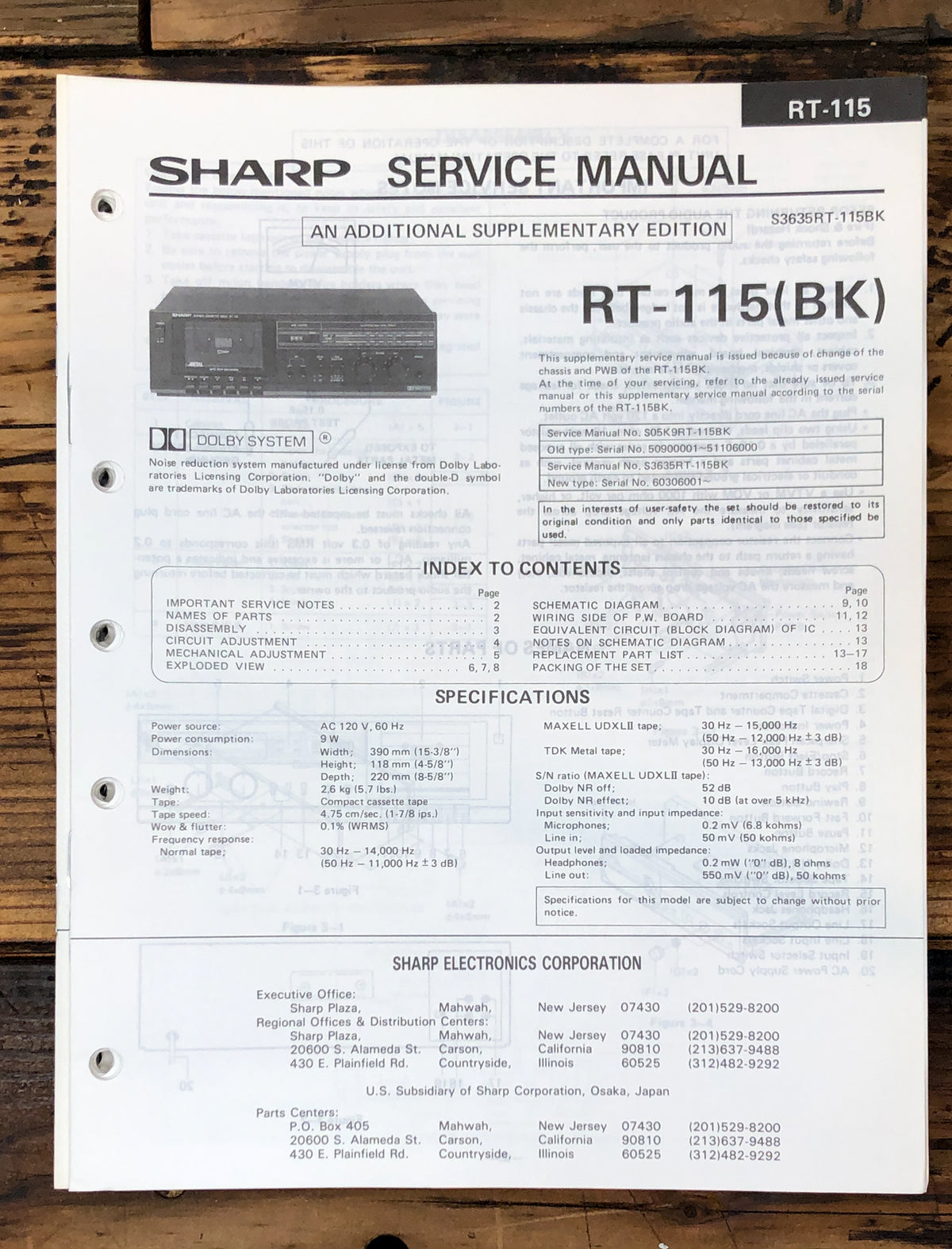 Sharp RT-115 Add. Cassette Service Manual *Original*