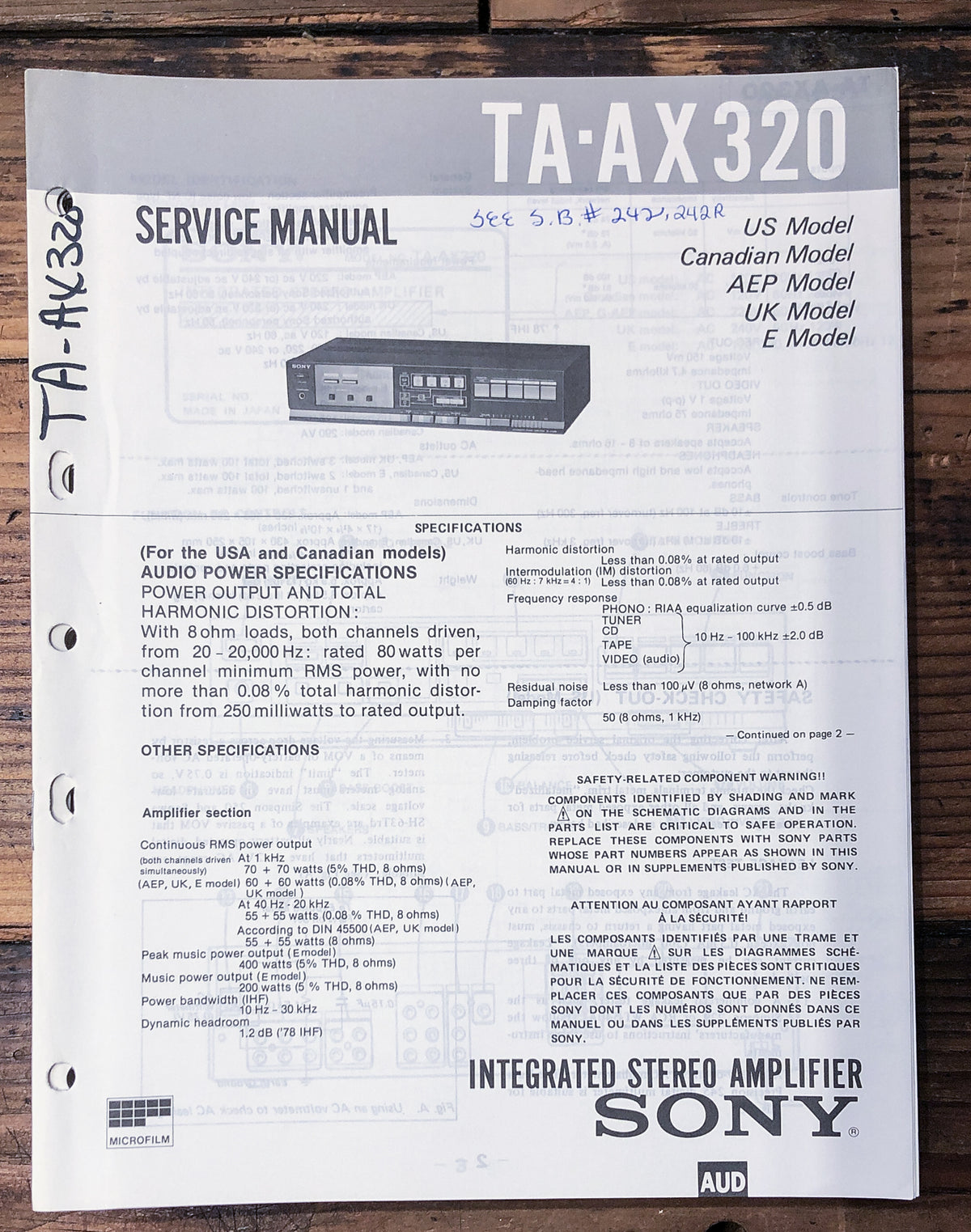 Sony TA-AX320 Amplifier  Service Manual *Original*