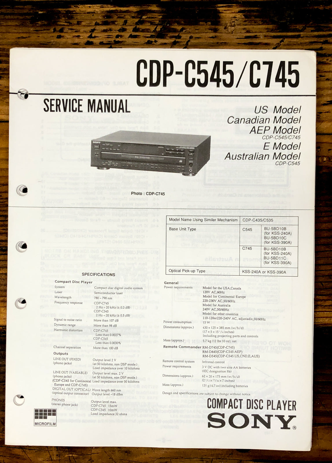 Sony CDP-C545 CDP-C745 CD Player  Service Manual *Original*