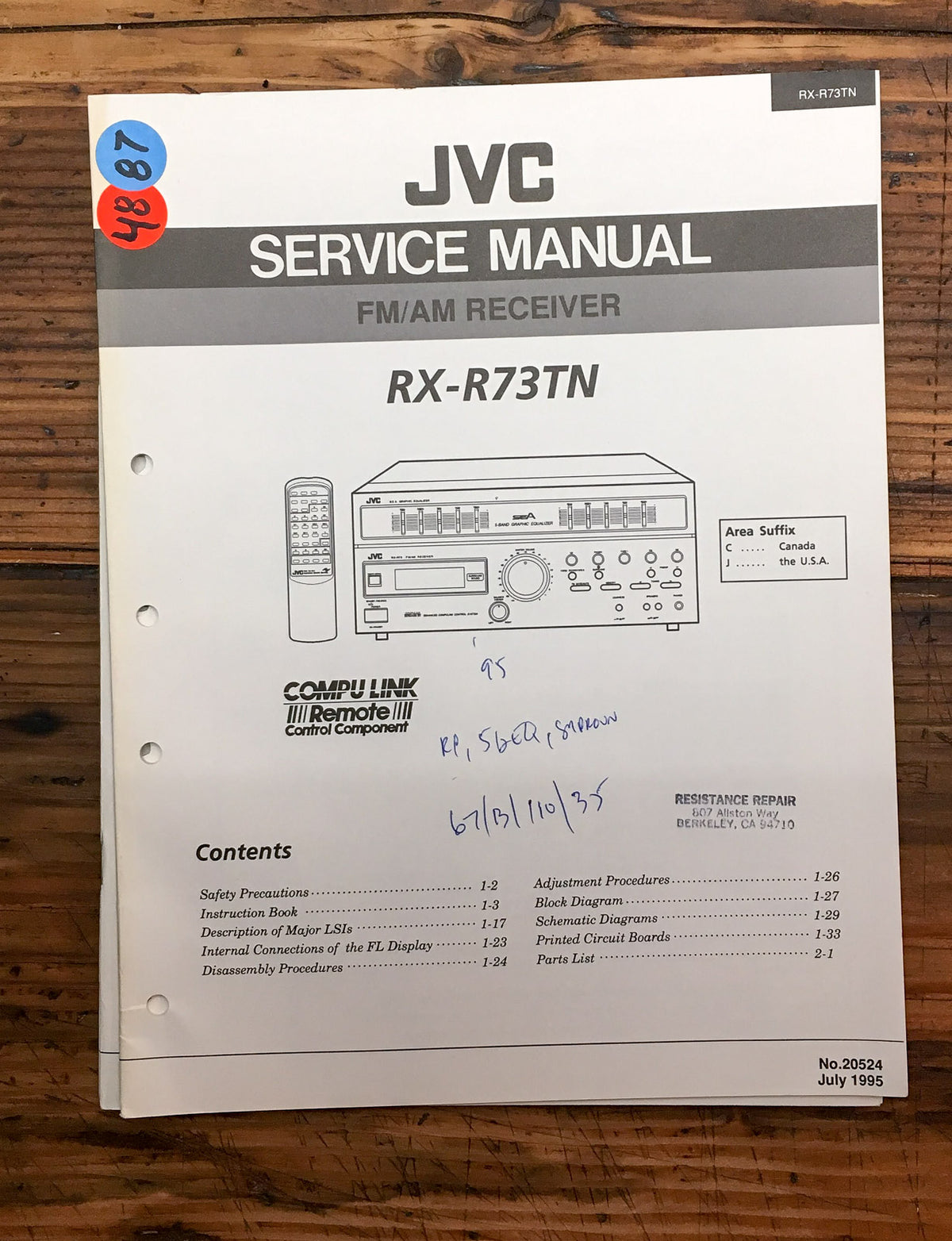 JVC RX-R73TN Receiver  Service Manual *Original*