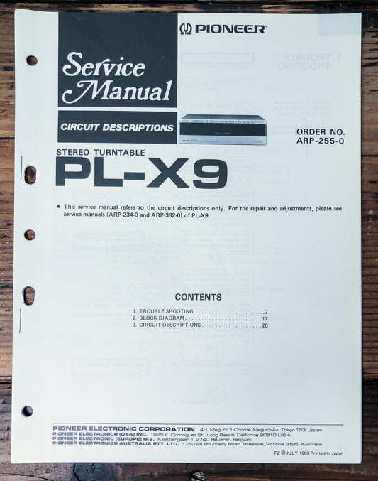 Pioneer PL-X9 Turntable Service Manual #2 *Original*