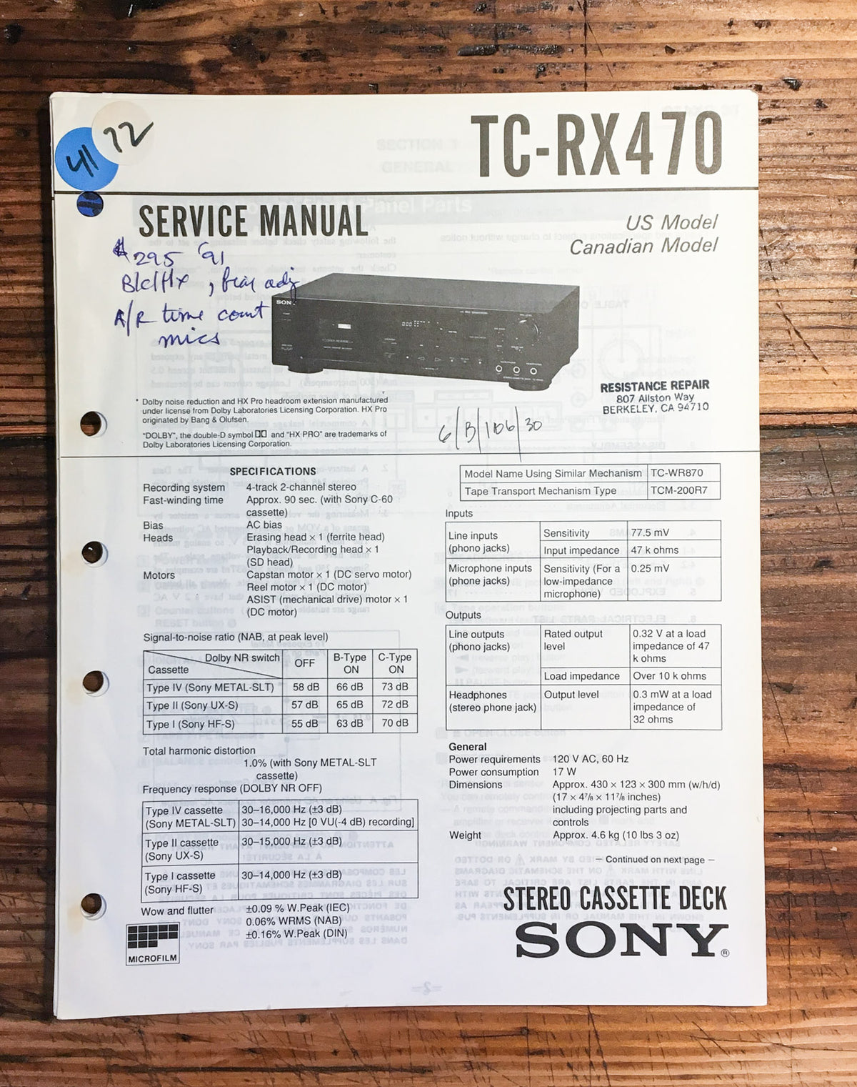 Sony TC-RX470 Cassette  Service Manual *Original*