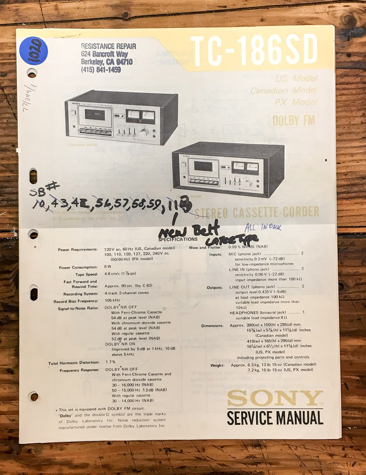 Sony TC-186SD Cassette  Service Manual *Original*
