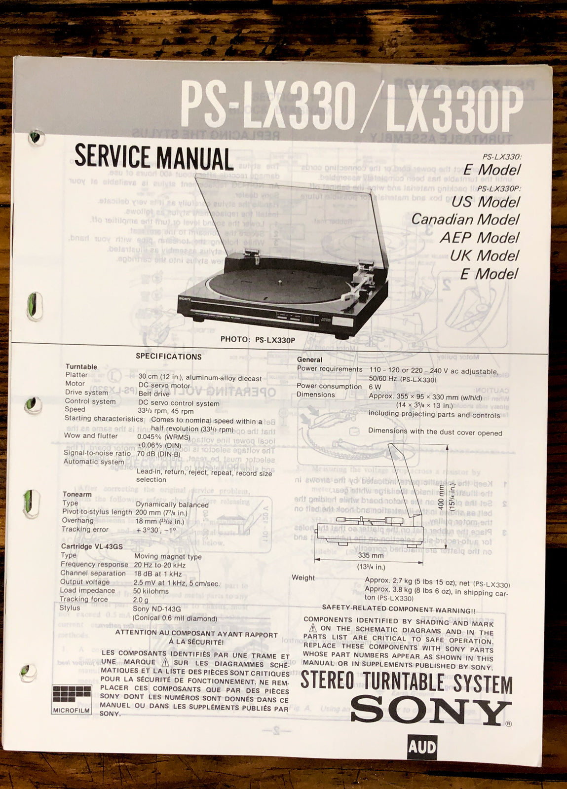 Sony PS-LX330 PS-LX330P Record Player / Turntable  Service Manual *Original*