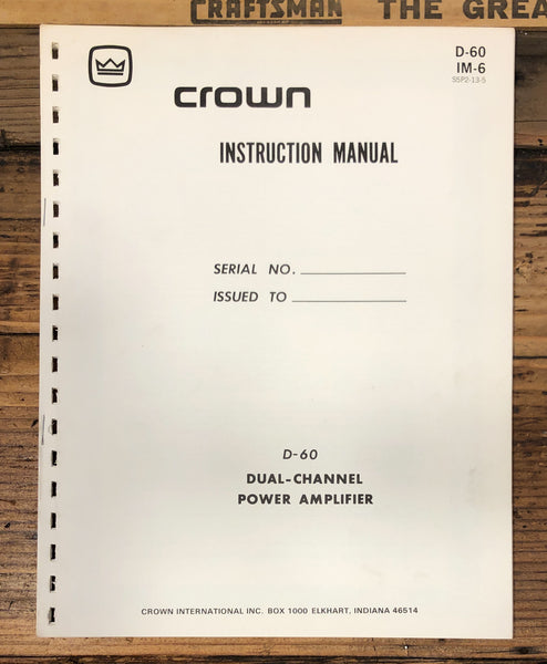 Crown D-60 Amplifier Owners / User Manual *Original*