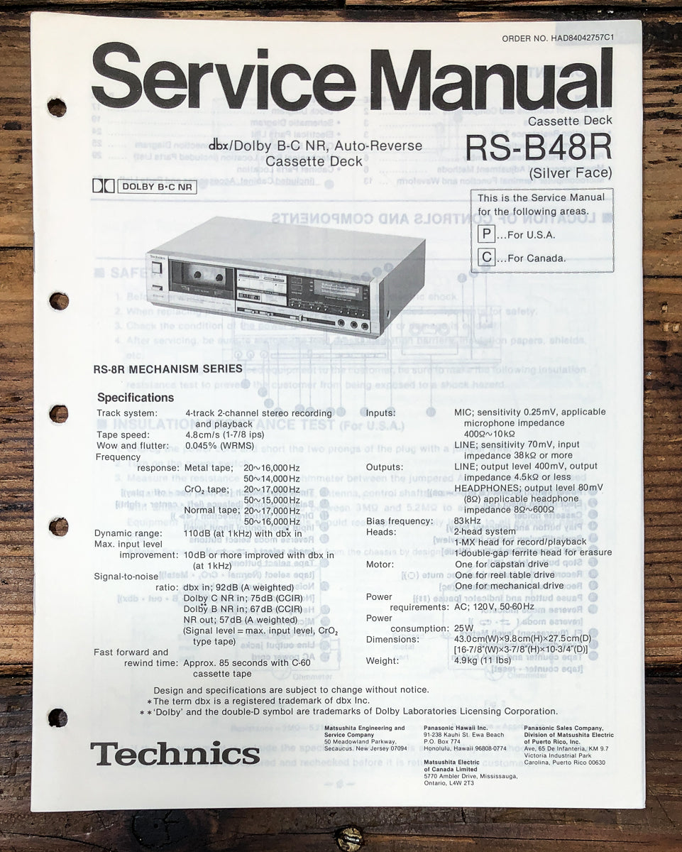 Technics RS-B48R Cassette Service Manual *Original*