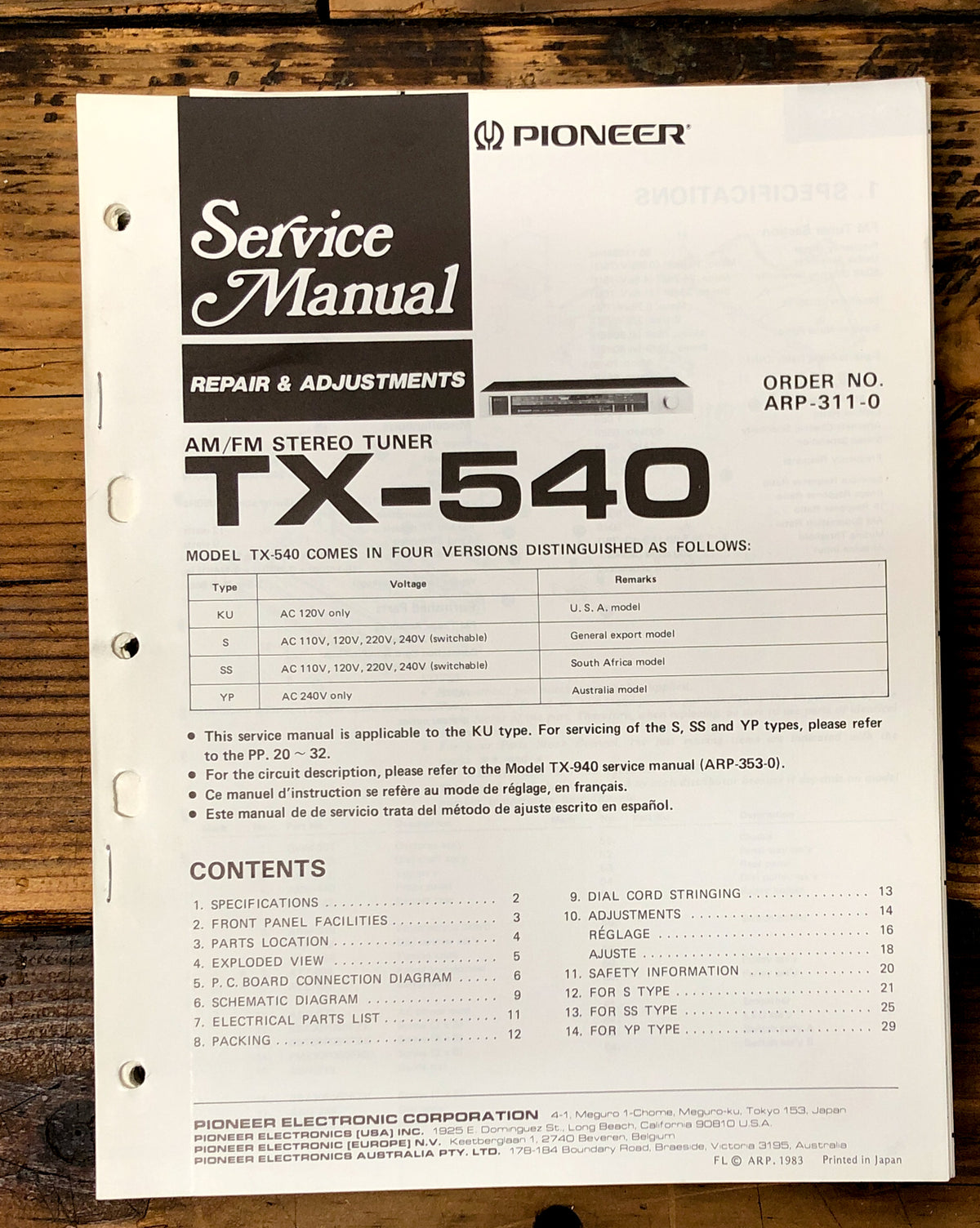 Pioneer TX-540 Tuner Service Manual *Original*