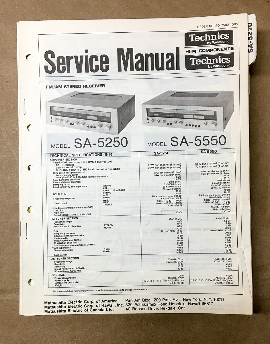 Technics / Panasonic SA-5250 SA-5550 Receiver Service Manual *Original*