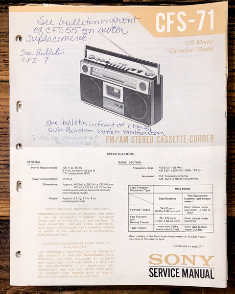 Sony CFS-71 Radio / Stereo  Service Manual *Original*