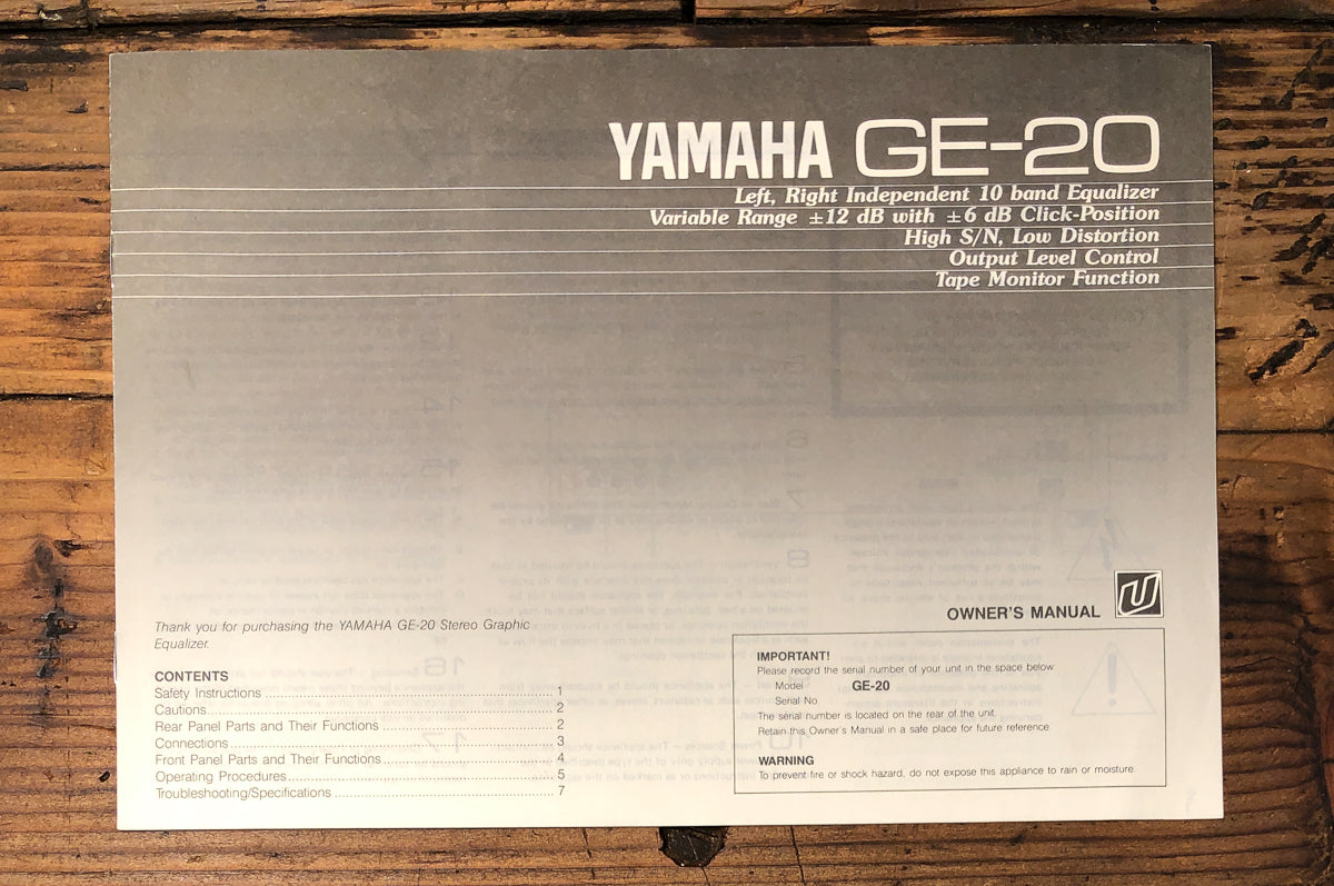 Yamaha GE-20 Equalizer Owners / User Manual *Original*