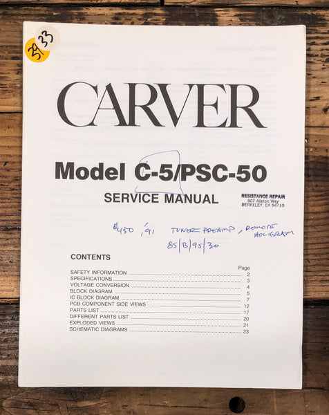 Carver C-5 PSC-50 Preamp / Preamplifier  Service Manual *Original*