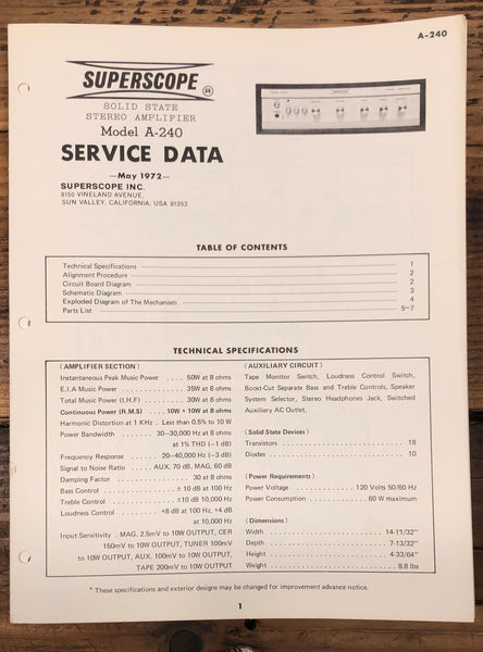 Superscope A-240 Amplifier  Service Manual *Original*