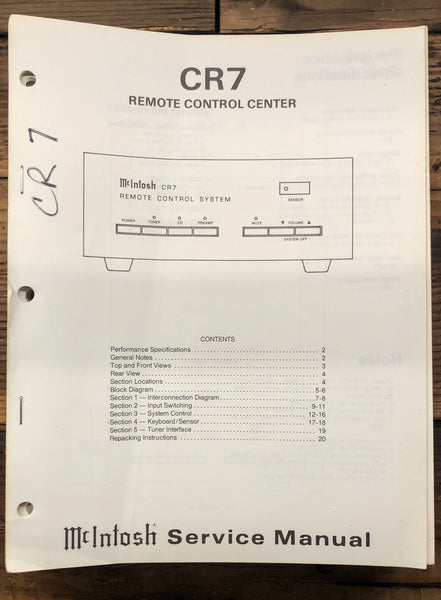 McIntosh CR7 CR-7 Remote Control Center  Service Manual *Original*