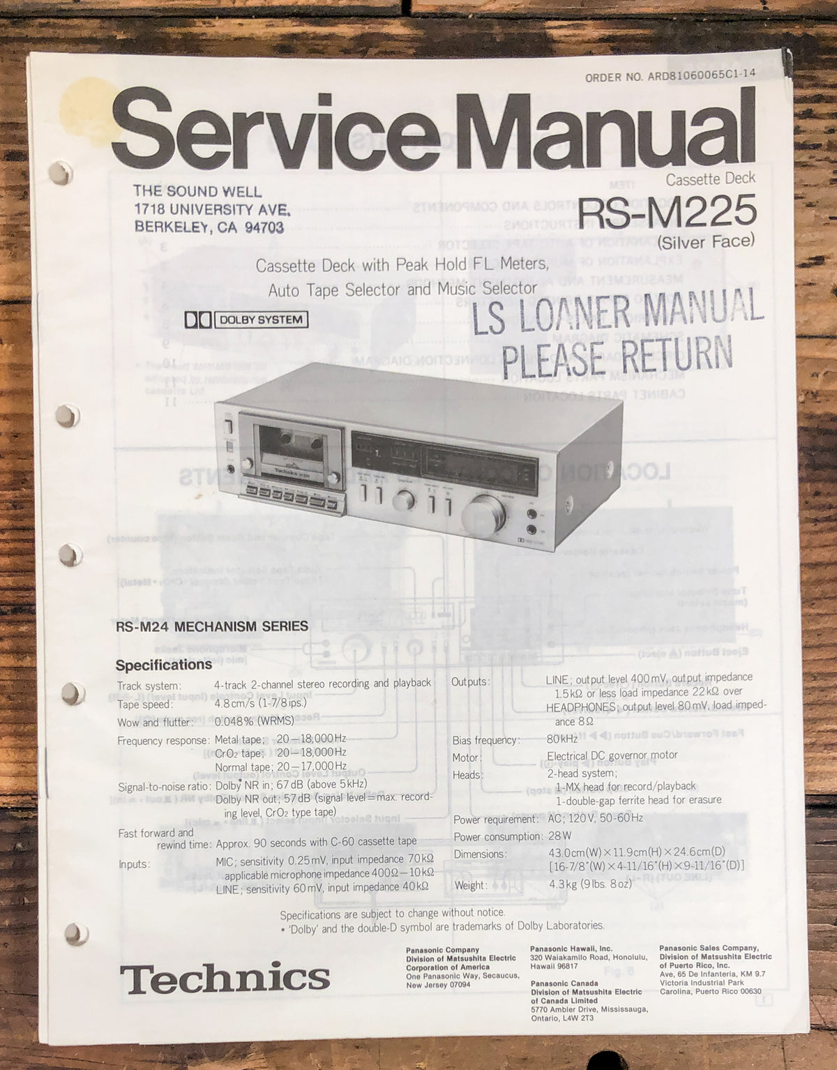Technics RS-M225 Cassette  Service Manual *Original*