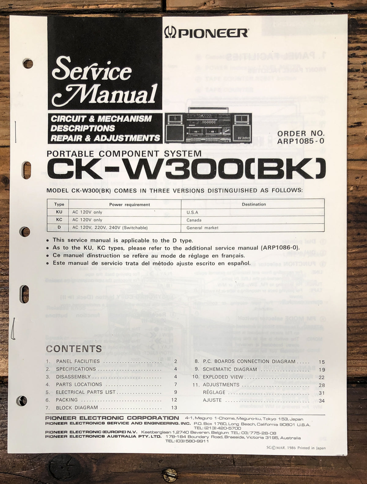 Pioneer CK-W300 Stereo Service Manual *Original*
