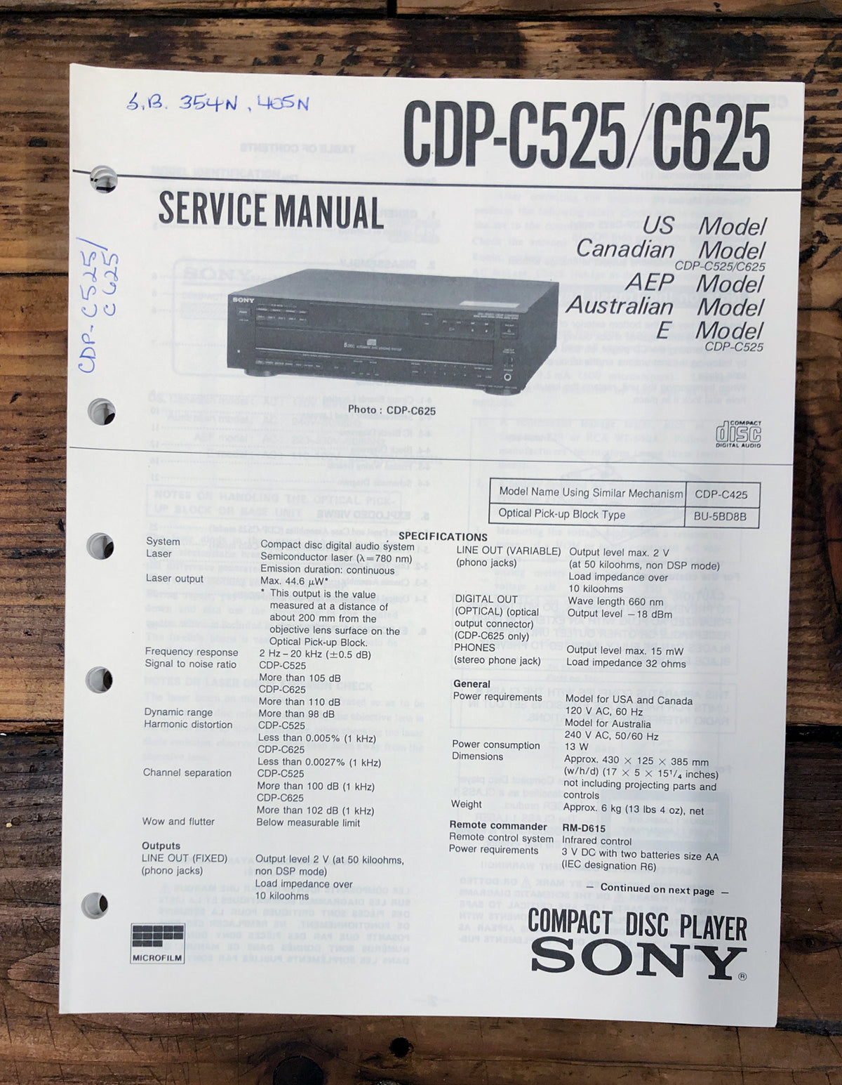 Sony CDP-C525 CDP-C625 CD Player  Service Manual *Original*