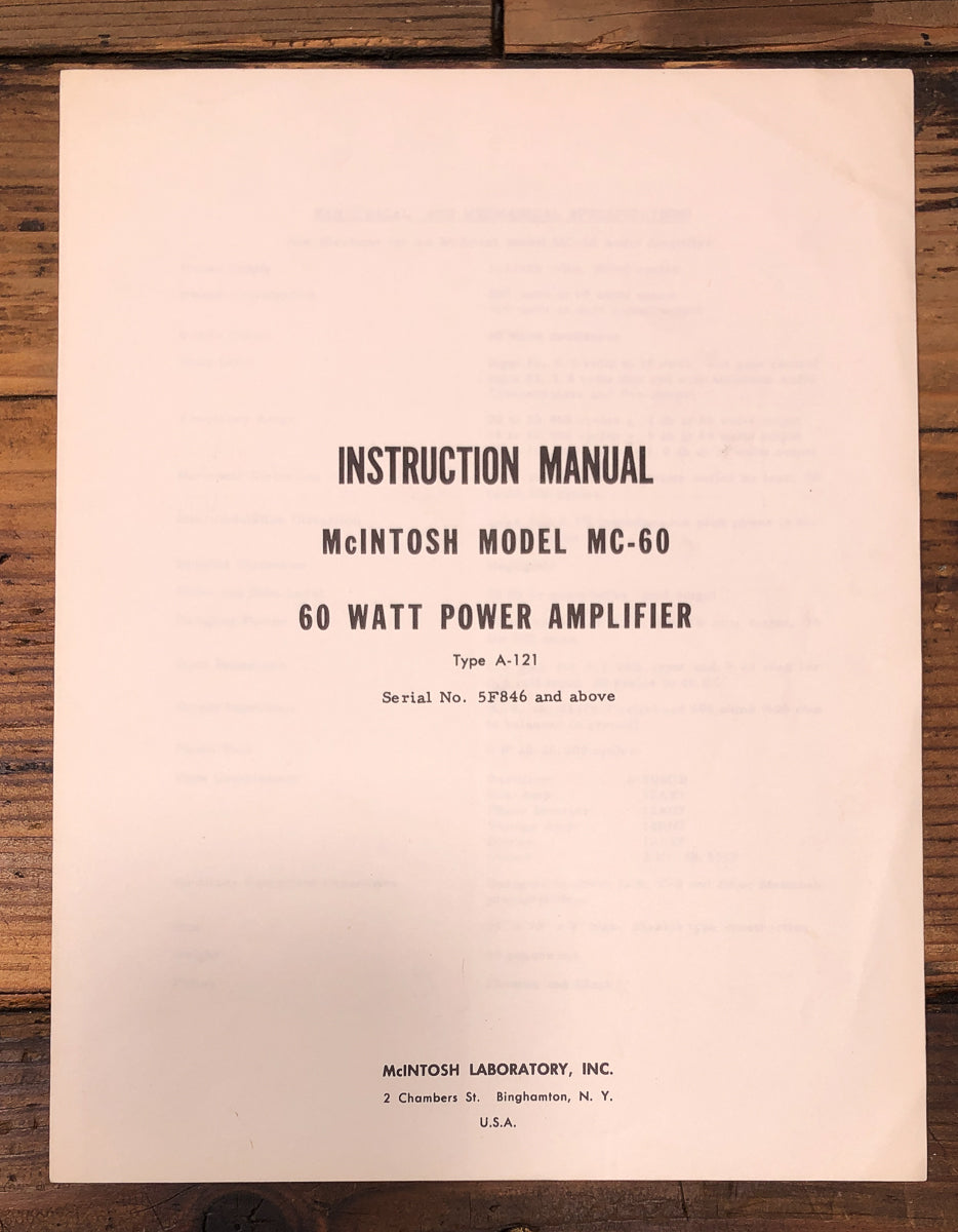 McIntosh MC-60 Amplifier Owners / User Manual *Original*
