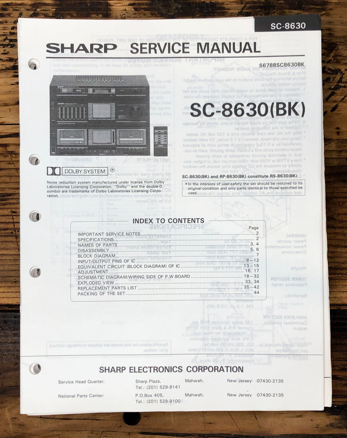 Sharp SC-8630 Stereo System Service Manual *Original*