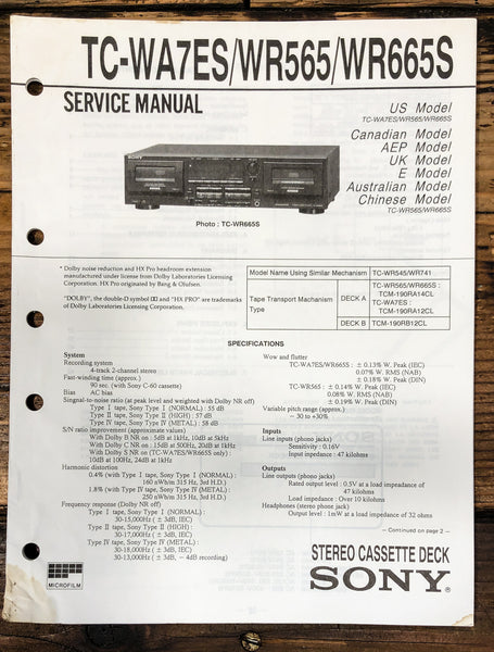Sony TC-WA7ES TC-WR565 TC-WR665S Cassette Service Manual *Original*