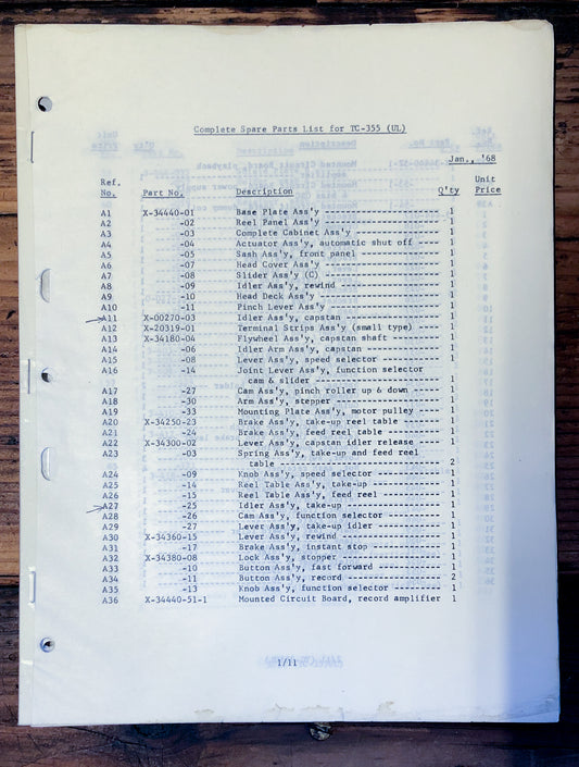 Sony TC-355 Tape Recorder Parts List Manual  *Original*
