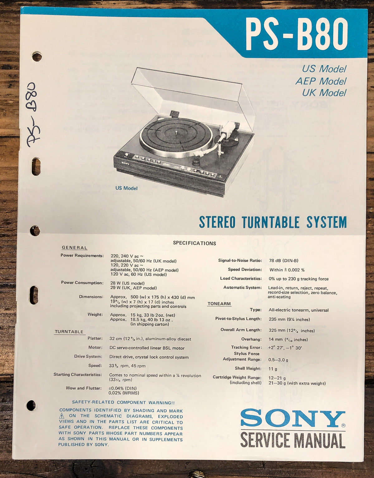Sony PS-B80 Record Player / Turntable  Service Manual *Original*