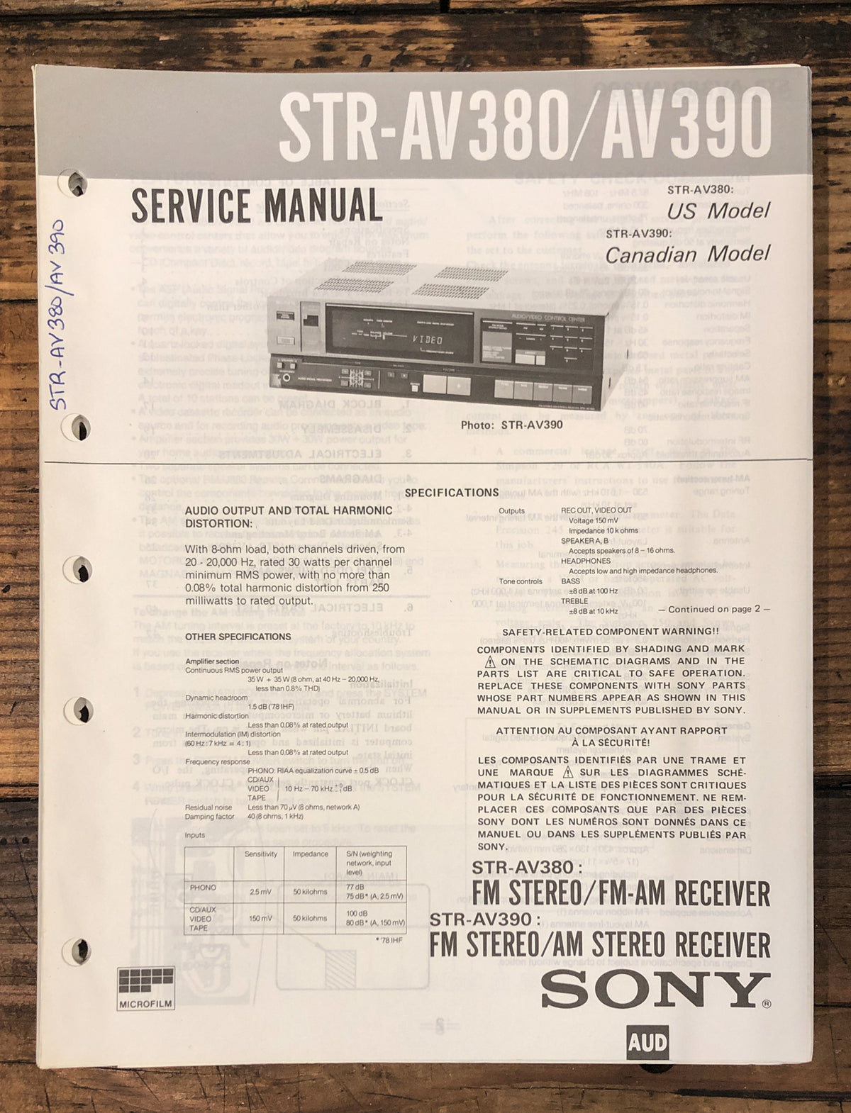 Sony STR-AV380 STR-AV390 Receiver  Service Manual *Original*
