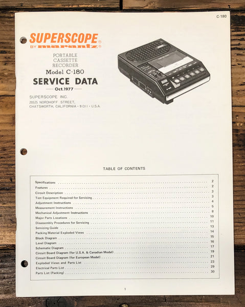 Superscope C-180 Portable Cassette Service Manual *Original*