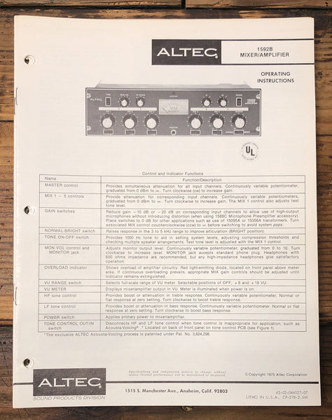 Altec Model 1592B Mixer  Owners & Schematic Manual *ORIGINAL*