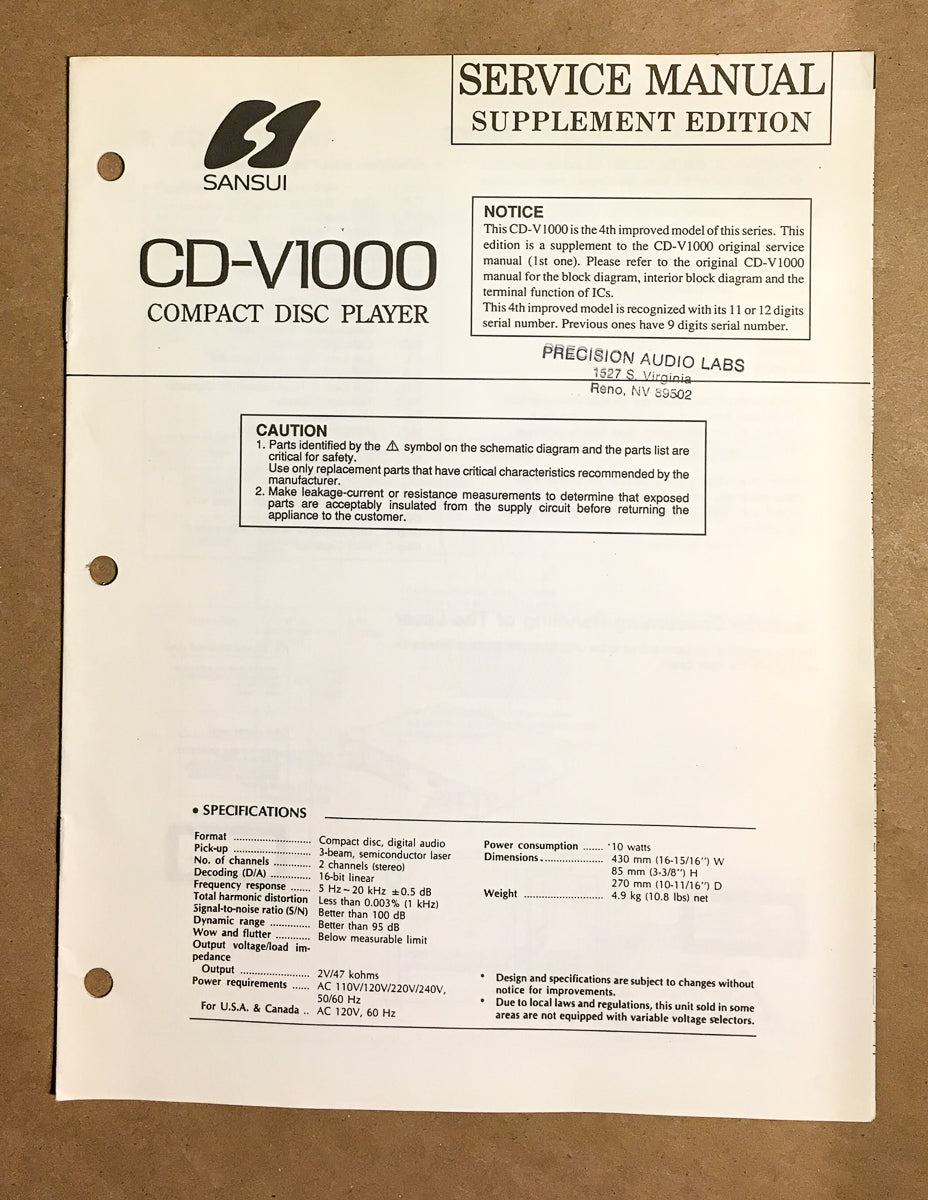 Sansui CD-V1000 CD Player Service Manual Supplement *Original* #2