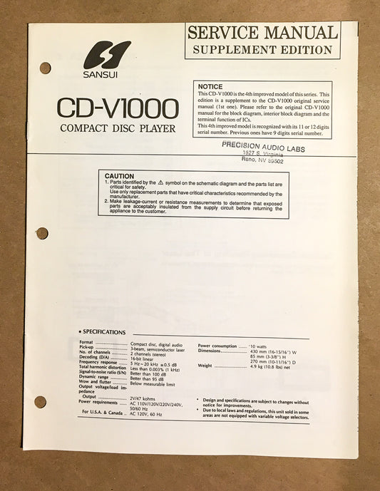 Sansui CD-V1000 CD Player Service Manual Supplement *Original* #2