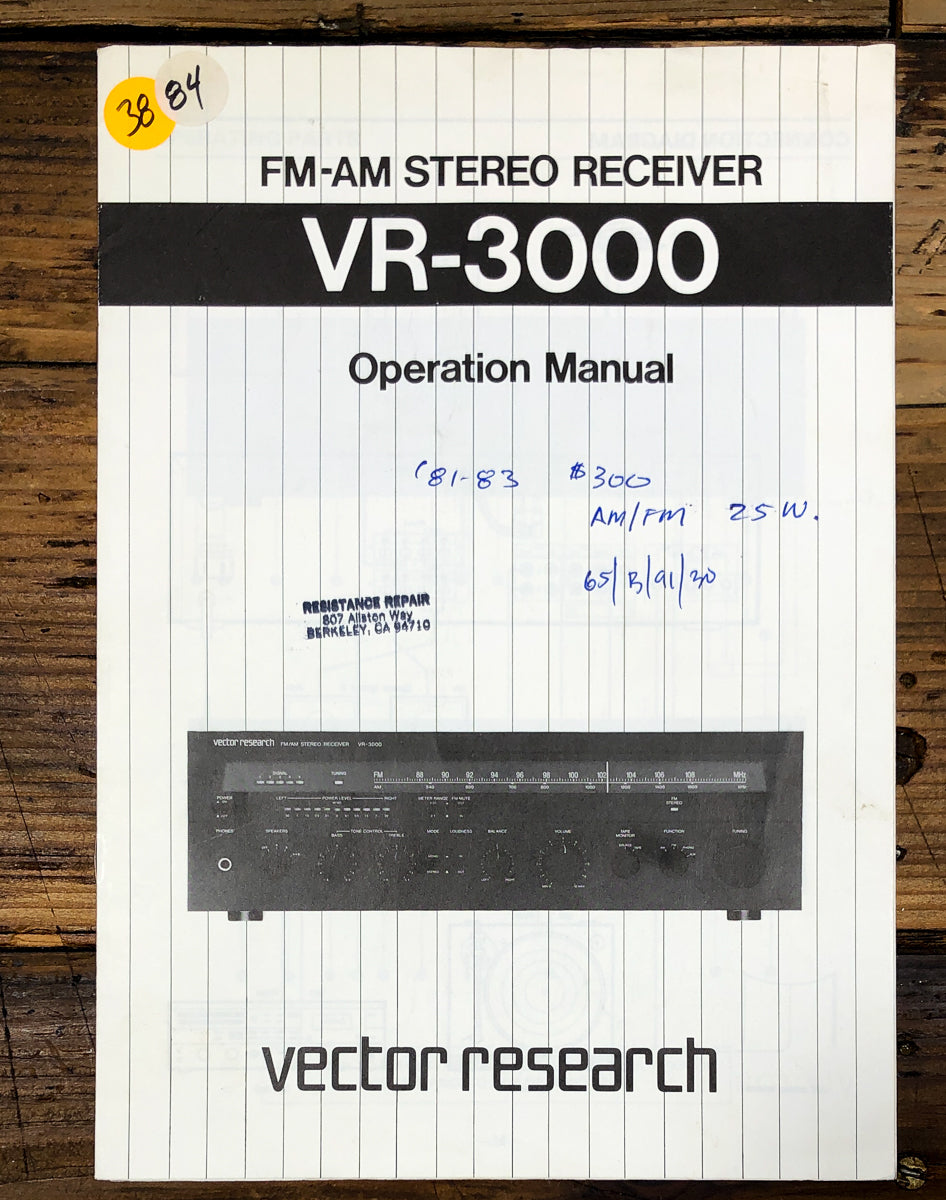 Vector Research VR-3000 Receiver Owners / User Manual *Original*